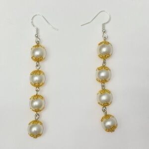 Long Gold & White Faux Pearl Earrings